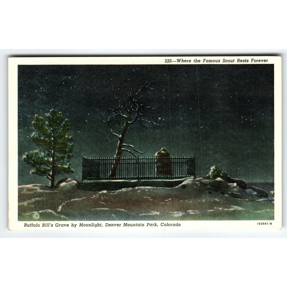 Buffalo Bill Grave By Moonlight Postcard Denver Colorado Vintage Original Linen